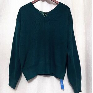 NWT CUPSHE Emerald Green Drop Sleeve Ribbed V Neck Sweater with Satin Bow Back L